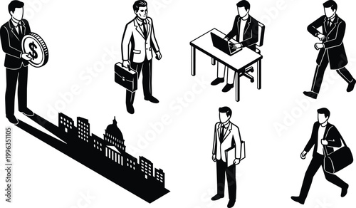 Black and white vector businessmen with capitol building shadow coin briefcase and commuting poses