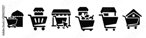 A collection of e commerce platform silhouette business icon set, black color and white background