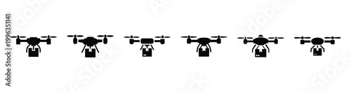 A collection of drone delivery silhouette business icon set, black color and white background