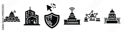 A collection of e government silhouette business icon set, black color and white background