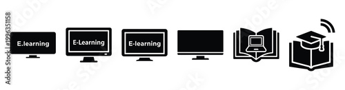 A collection of e learning platform silhouette business icon set, black color and white background