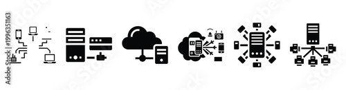 A collection of edge computing silhouette business icon set, black color and white background