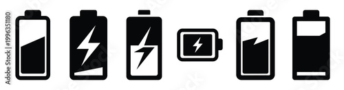 A collection of energy storage silhouette business icon set, black color and white background
