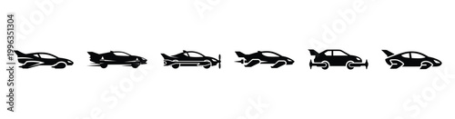 A collection of flying car silhouette business icon set, black color and white background