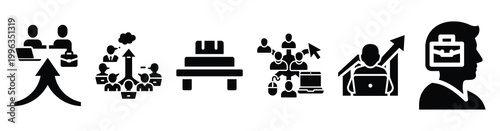 A collection of freelance platform silhouette business icon set, black color and white background