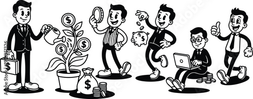 Black and white retro businessmen watering money plant tossing coins using laptop and briefcase