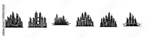 A collection of future city silhouette business icon set, black color and white background