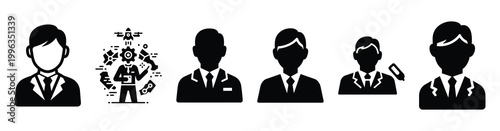 A collection of future jobs silhouette business icon set, black color and white background