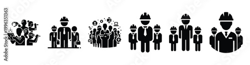 A collection of future workforce silhouette business icon set, black color and white background