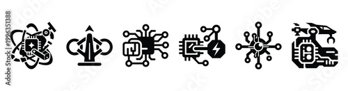 A collection of future technology silhouette business icon set, black color and white background