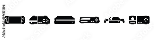 A collection of gaming console silhouette business icon set, black color and white background
