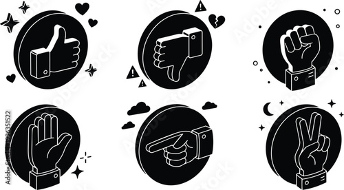 Six black and white round badge hand gestures showing thumbs up down fist palm pointing and peace sign