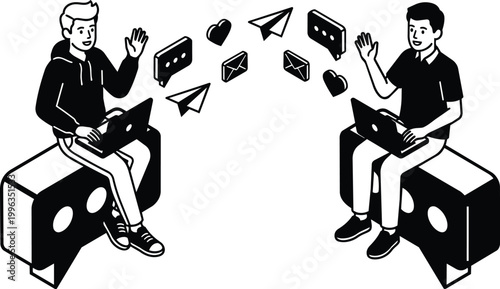 Black and white vector two people waving with laptops on chat bubble seats