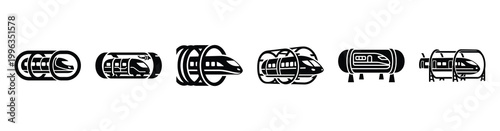 A collection of hyperloop system silhouette business icon set, black color and white background