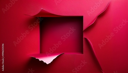 crimson paper with rectangular tear reveals an unseen space