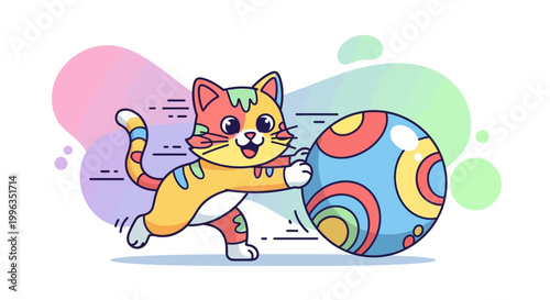 A colorful cartoon cat playing with ball.