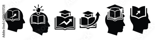 A collection of lifelong learning silhouette business icon set, black color and white background