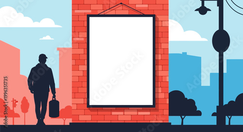 A silhouette of a man walking with a briefcase next to a blank brick wall poster frame.