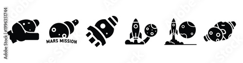 A collection of mars mission silhouette business icon set, black color and white background