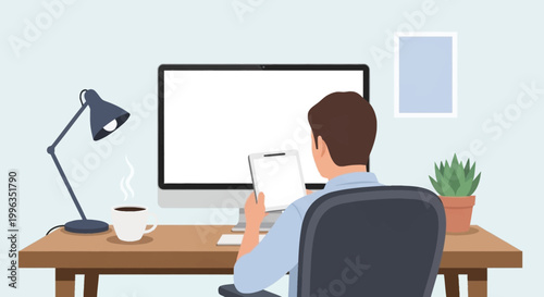 A man sitting at a wooden desk working on a computer and holding a notebook.