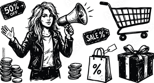 Black and white line art woman with megaphone announcing sale tags and shopping icons