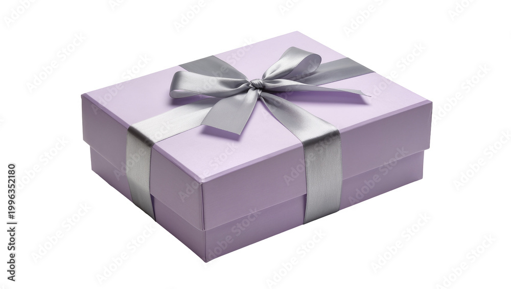 Obraz premium Lavender gift box with silver ribbon and bow, isolated on transparent background