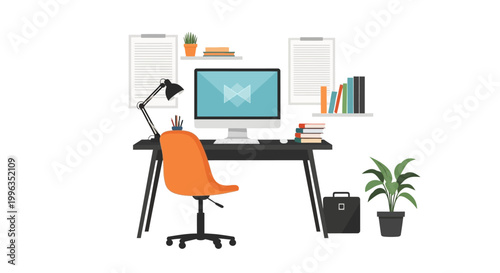 Modern workspace illustration with orange chair and computer desk.
