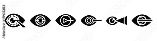 A collection of retina scan silhouette business icon set, black color and white background