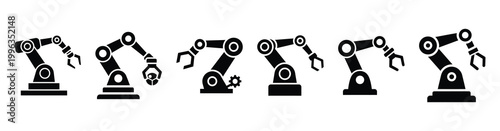 A collection of robotics system silhouette business icon set, black color and white background