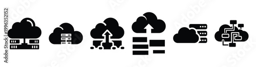 A collection of saas platform silhouette business icon set, black color and white background