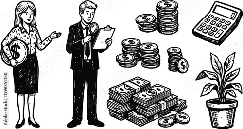 Black and white hand drawn businesswoman holding dollar coin and man auditing stacks of money