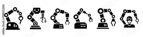A collection of robotic surgery silhouette business icon set, black color and white background