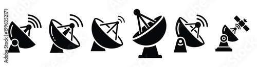 A collection of satellite communication silhouette business icon set, black color and white background