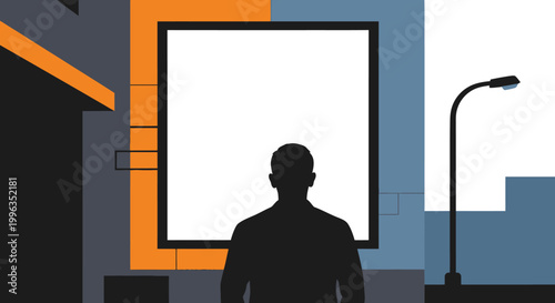 Silhouette of a man standing before a blank rectangular frame.
