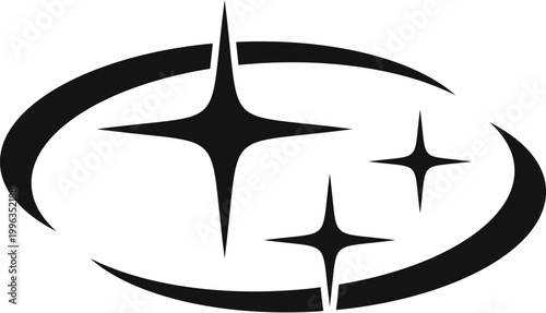 Black and white car emblem featuring stars and an orbital element on a clean white background