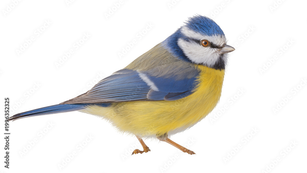 Obraz premium Blue tit bird with yellow belly and blue wings, isolated on transparent background