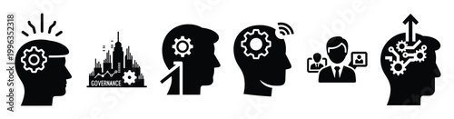 A collection of smart governance silhouette business icon set, black color and white background