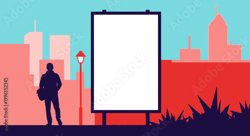 A solitary silhouette figure standing before a blank vertical billboard sign in a city environment.