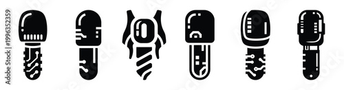 A collection of smart implant silhouette business icon set, black color and white background