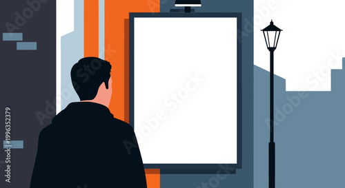 A man in a black coat standing in front of a blank vertical advertising billboard.