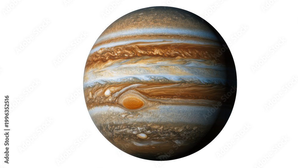 Fototapeta premium Giant striped gas planet Jupiter with Great Red Spot, isolated on transparent background