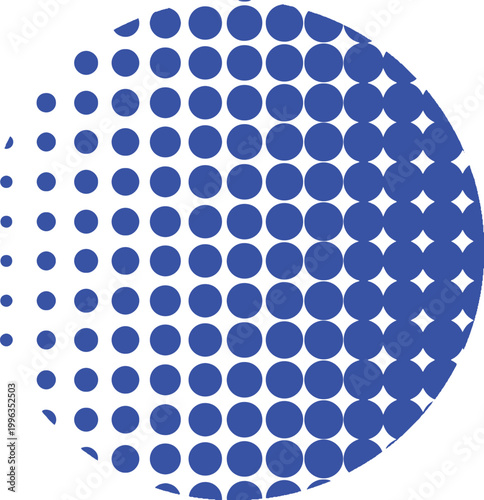 Blue Halftone Circle Pattern with Star Shapes on Transparent Background