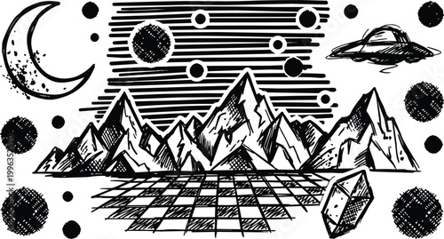 Hand drawn moonlit mountain range with checkerboard foreground crescent moon ufo and floating crystal