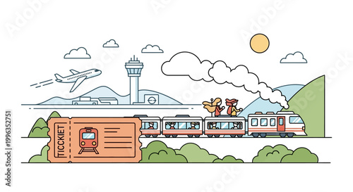 train traveling past airport with ticket.