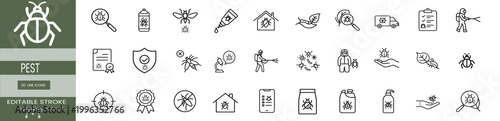 Pest control line icons set insect exterminator sprayer bug life cycle pesticide chemical bottle sanitation service truck parasite prevention & more with editable stroke.