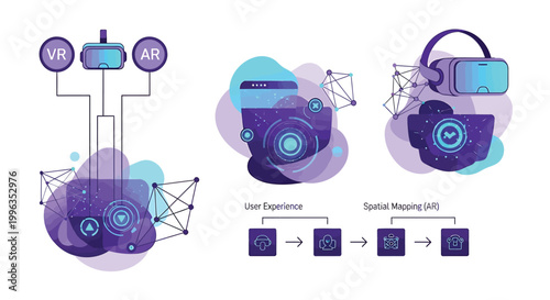Virtual reality, augmented reality, futuristic technology icons, VR AR concept illustrations, purple blue graphics