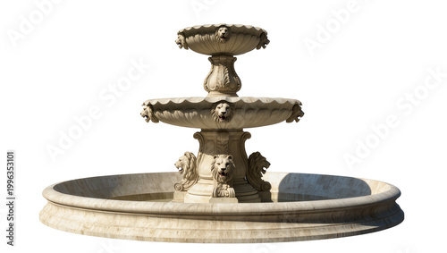 Ornate tiered stone fountain with lion heads, isolated on transparent background