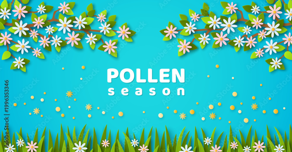 Fototapeta premium Flowering trees, bloom branch, visible pollen in blue sky. Vector illustration. 3d Paper spring allergy season concept. Pollen forecast background. Allergic poster banner