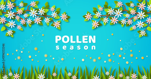 Flowering trees, bloom branch, visible pollen in blue sky. Vector illustration. 3d Paper spring allergy season concept. Pollen forecast background. Allergic poster banner