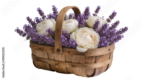 Rustic wooden basket filled with white peonies and purple lavender, isolated on transparent background